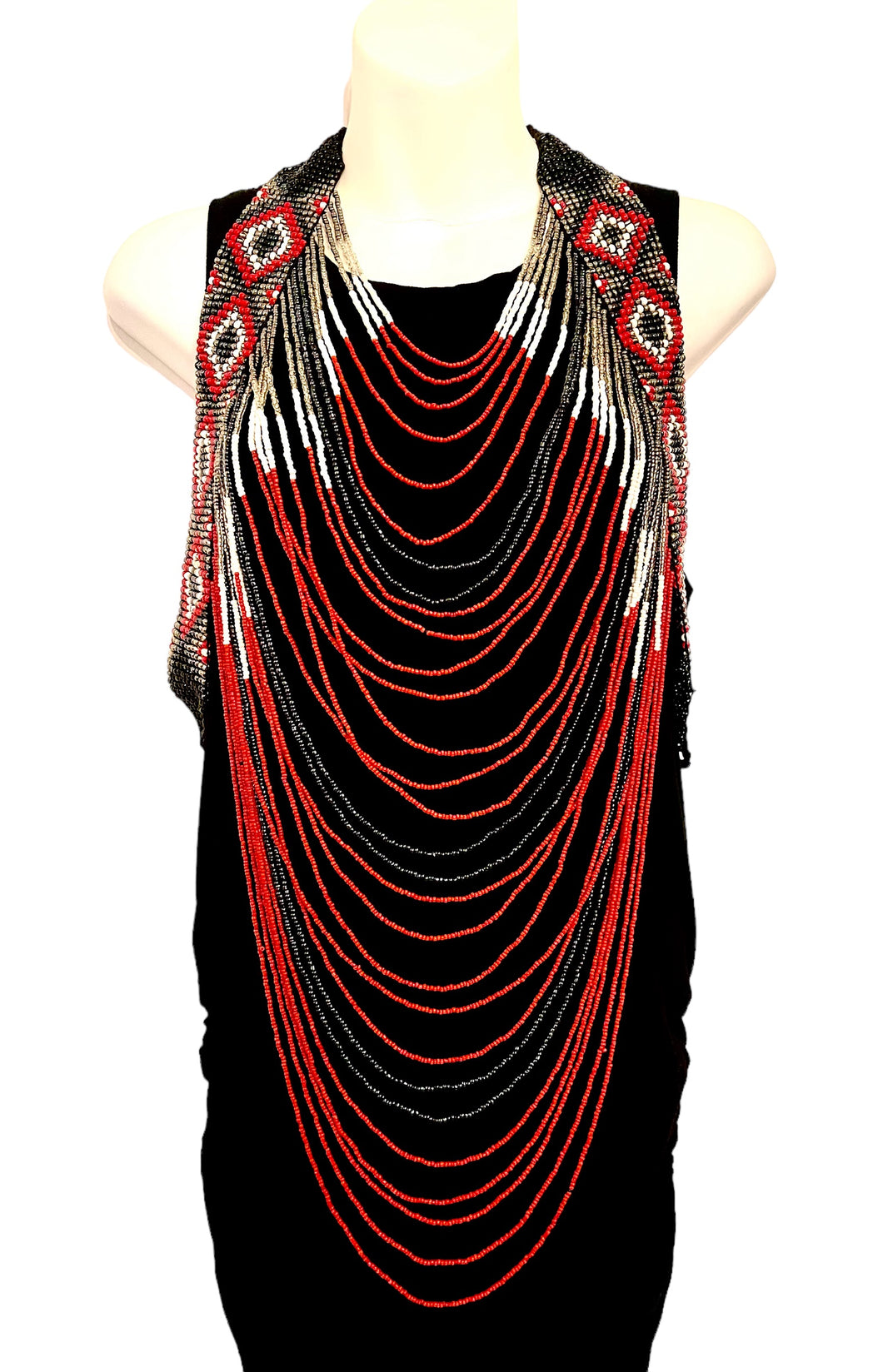 Large Beaded Necklace - Red & White